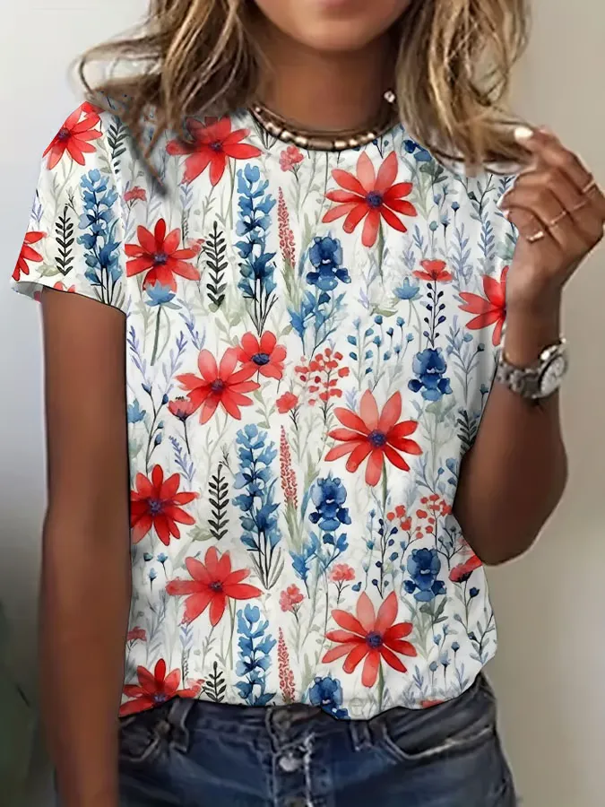 Woman'S Floral Print Round-Neck Short-Sleeve T-Shirt