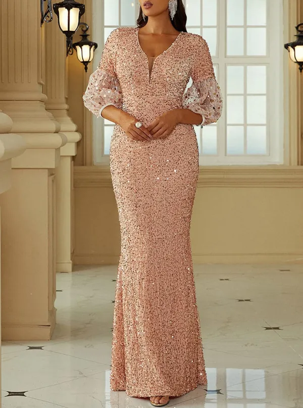 Lantern Sleeve Sequin Prom Dress