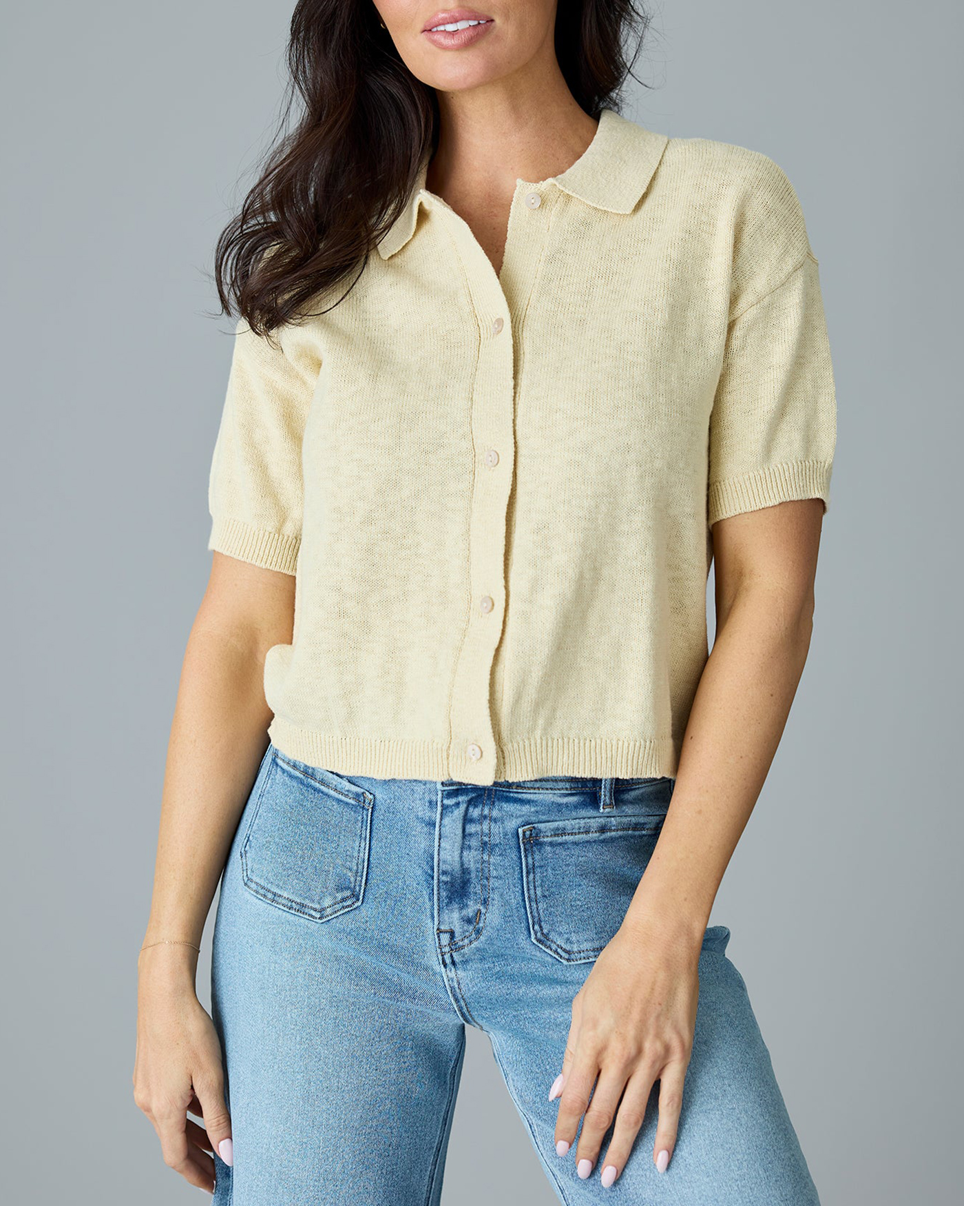 Short Sleeve Knit Button Up Top