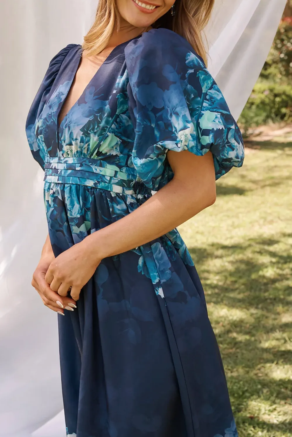 Navy Blue Floral Print Puff Sleeve Maxi Dress