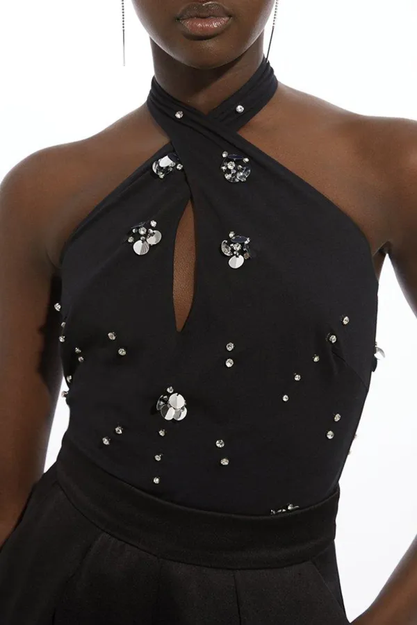 Embellished Stretch Cotton Halterneck Bodysuit