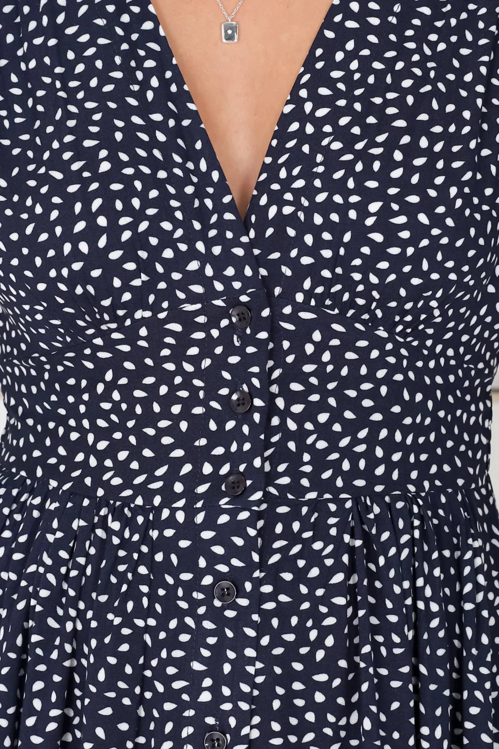 Navy Blue Dot Print Short Sleeve Midi Dress
