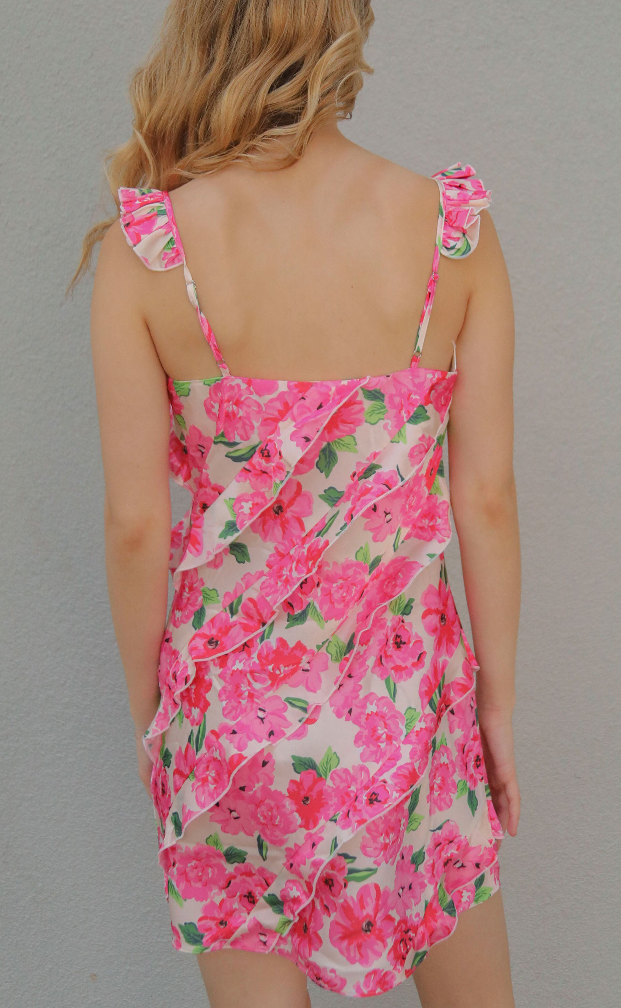 Pink Floral Ruffled Spaghetti Strap Dress