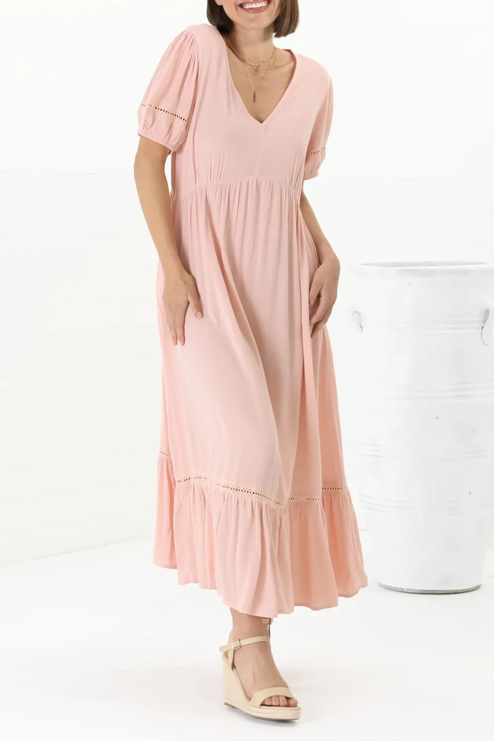 Pink V Neck Puff Sleeve Ruffled Maxi Dress