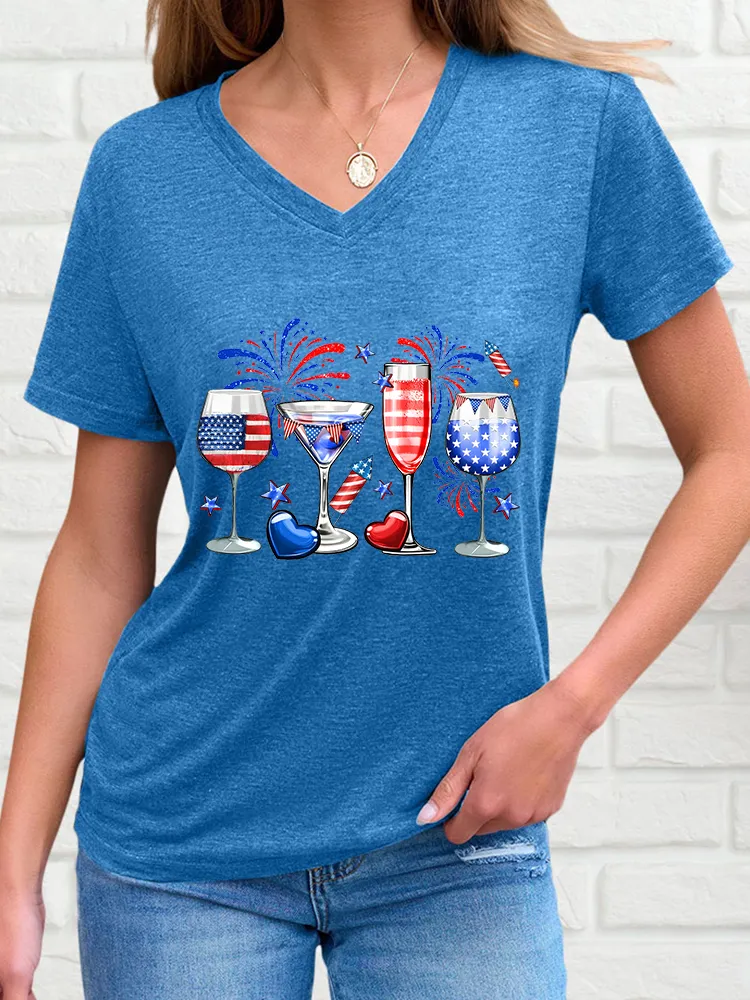 Woman'S Firework Star Bar Goblet V-Neck And Short Sleeves T-Shirt