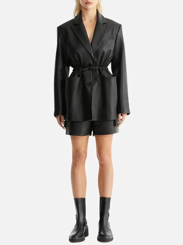 Black Belted Leather Blazer