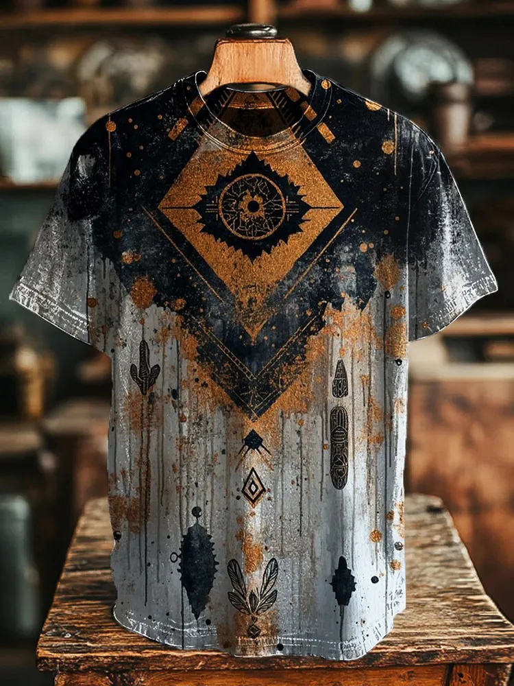 Unisex Vintage Ethnic Geometric Floral Print Casual Loose T-Shirt