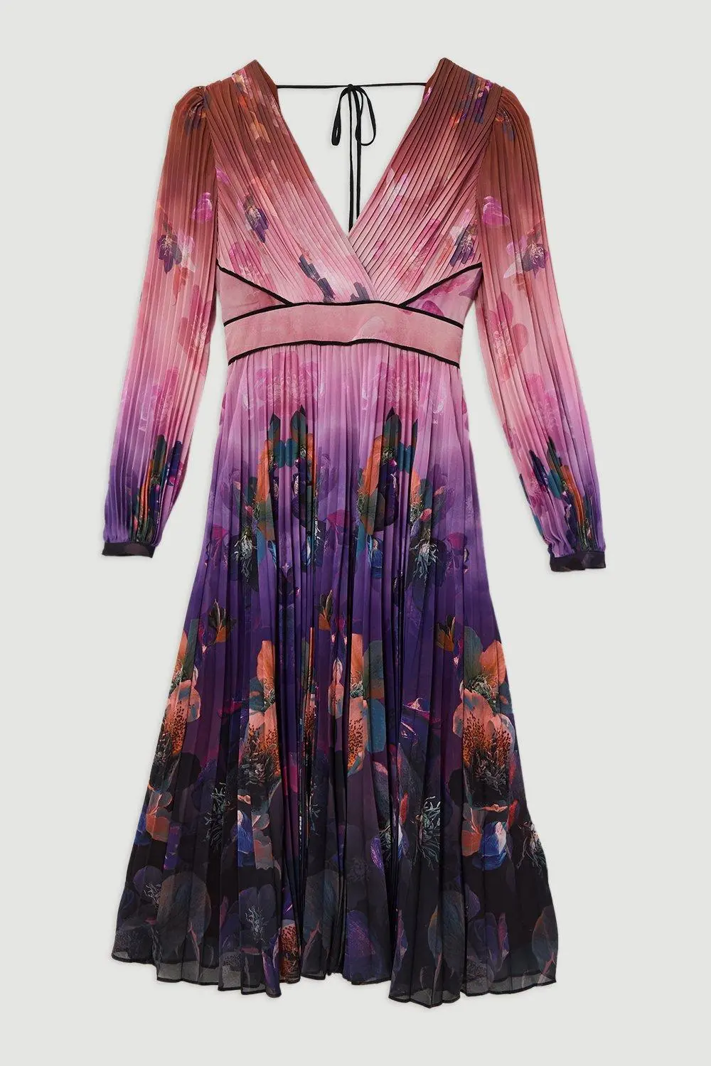 Ombre Floral Soft Pleated Long Sleeve Maxi Dress