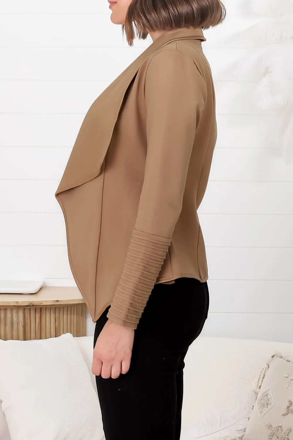 Camel Draped Open Front Jacket