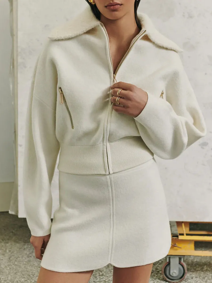 White Boiled Wool Bomber Jacket