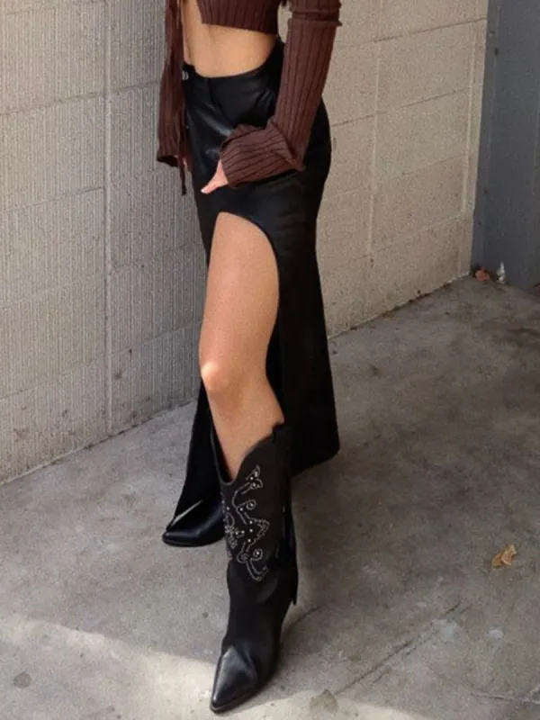 Faux Leather High Slit Midi Skirt