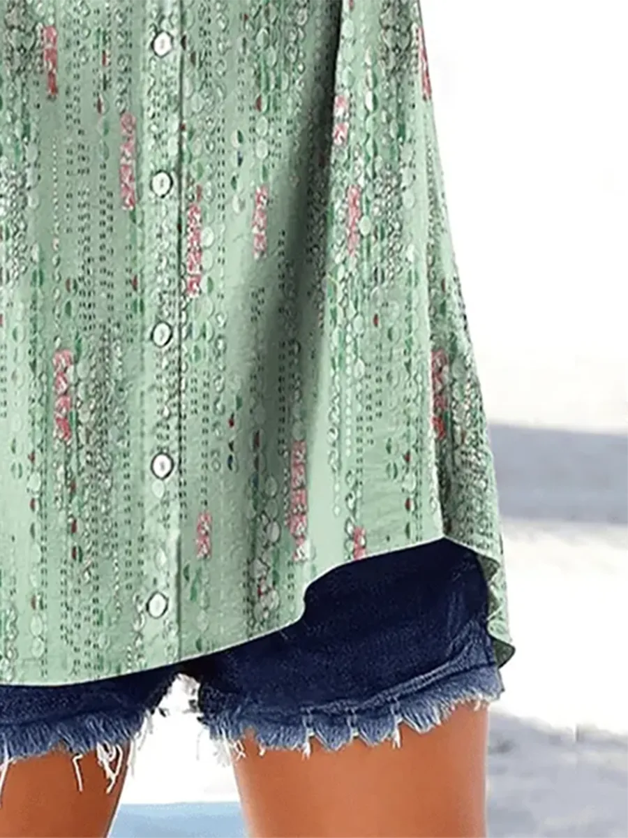 Women's Retro Botanical Floral Button Design V-Neck Three-Quarter Sleeve Shirt