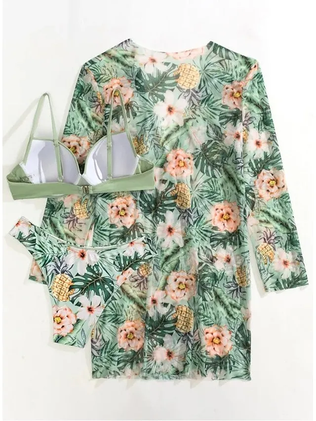Women's Swimwear Bikini Three Piece Normal Swimsuit 2 Piece Open Back Sexy Printing Leaves Pink Blue Orange Green V Wire Bathing Suits New Vacation Fashion