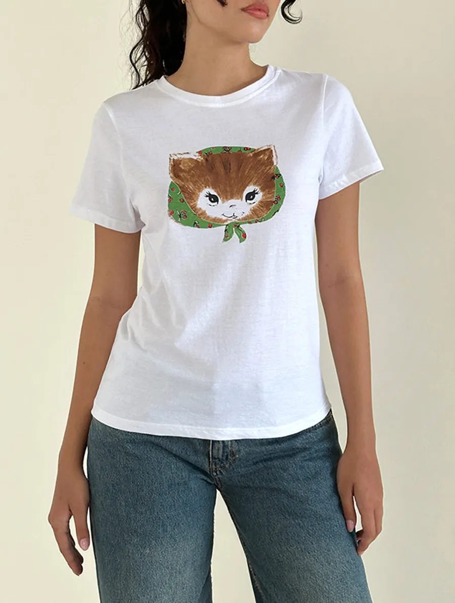 Kitty Print Saki White Tee