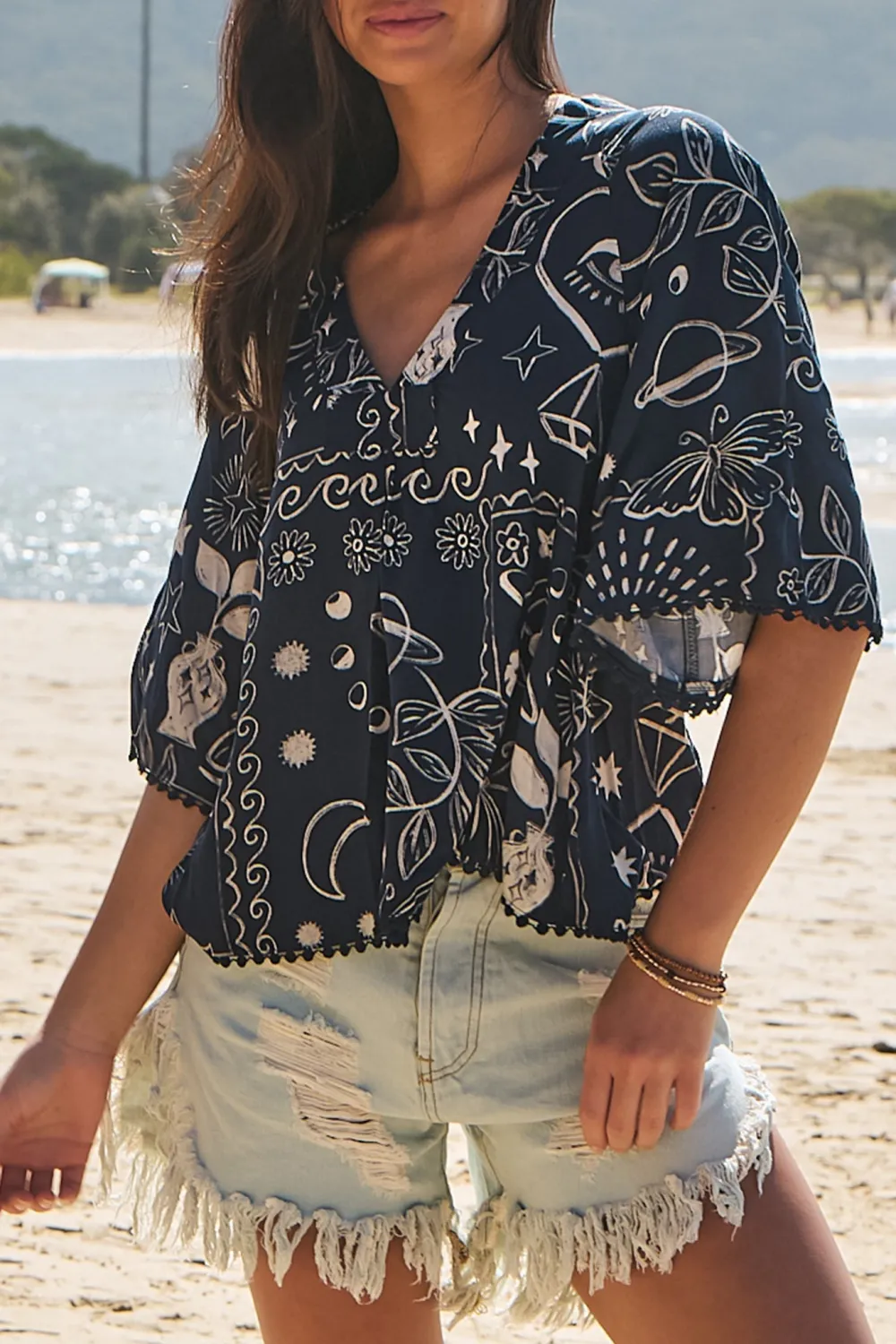 Navy Blue Printed V Neck Short Sleeve Top