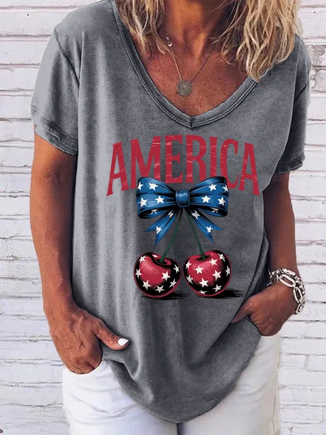Woman'S Independence Day V-Neck And Short Sleeves T-shirt