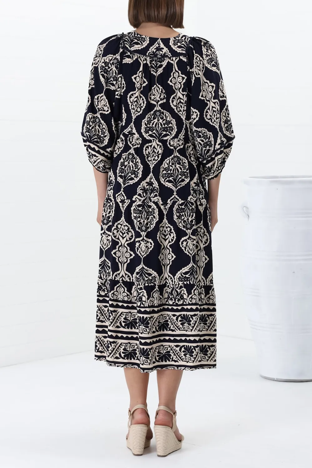Navy Patterned Lantern Sleeve Midi Dress