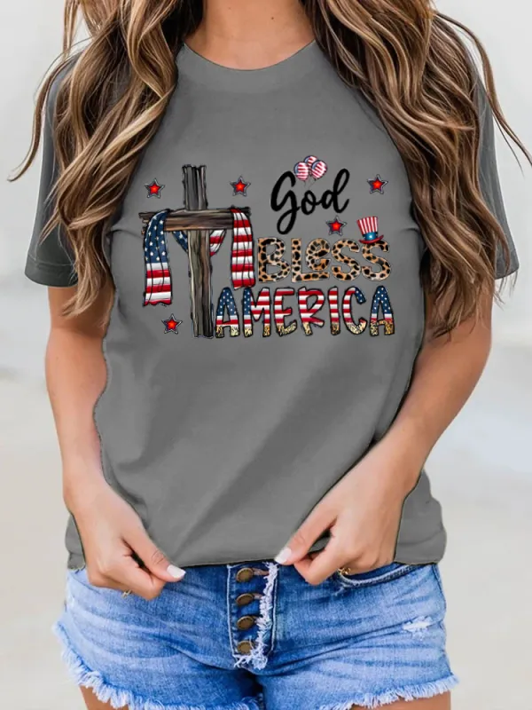 God Bless America Print Round-Neck Short-Sleeved T-Shirt