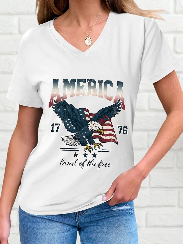 Woman'S America 1776 Land And Free V-Neck And Short Sleeves T-Shirt
