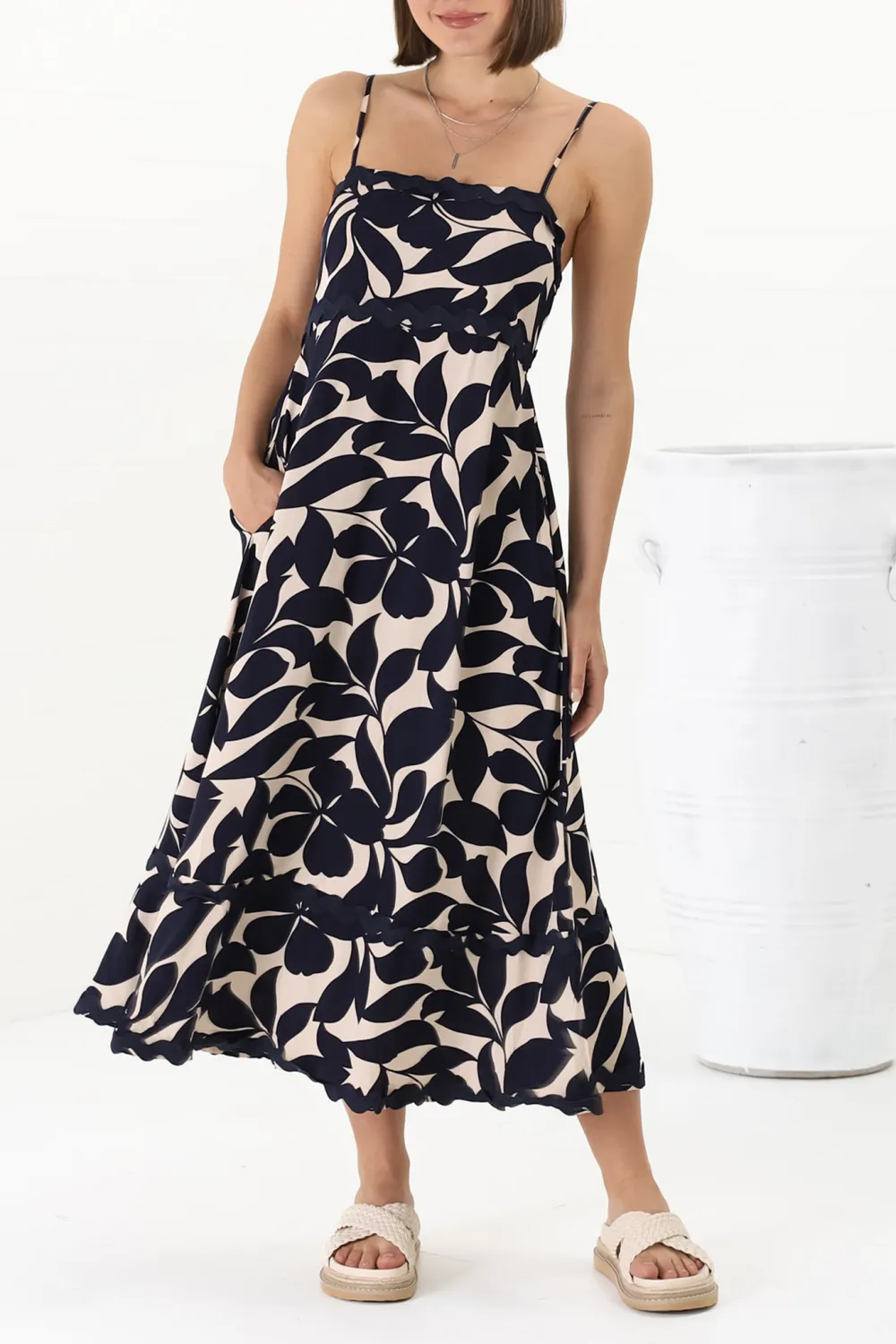 Navy Blue Leaf Print Asymmetric Midi Dress