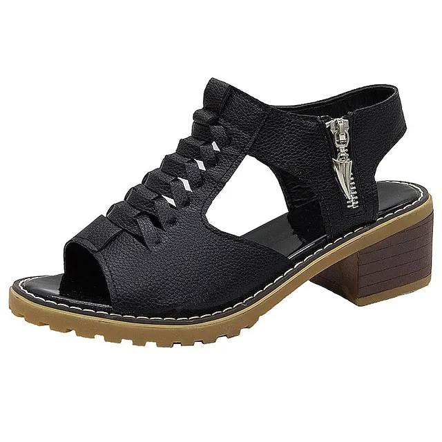 Women's Sandals Block Heel Sandals Daily Beach Summer Block Heel Low Heel Peep Toe Casual PU Leather PU Zipper Solid Color Solid Colored Black White Beige