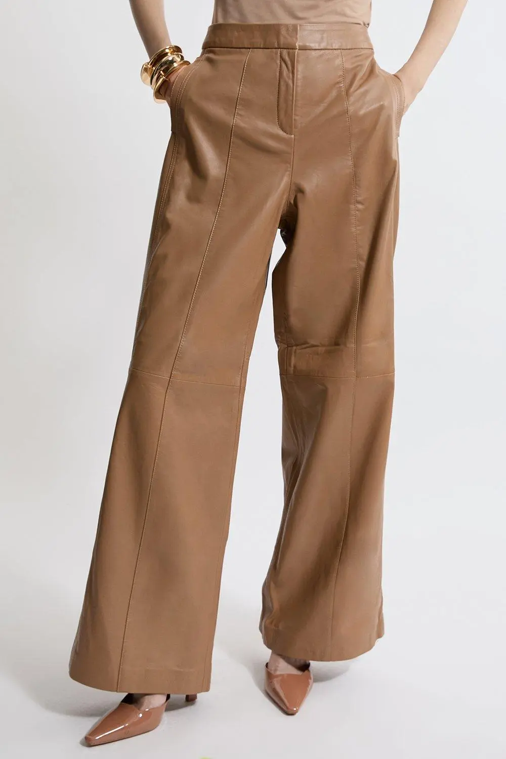 Mid Rise Wide Leg Leather Trousers