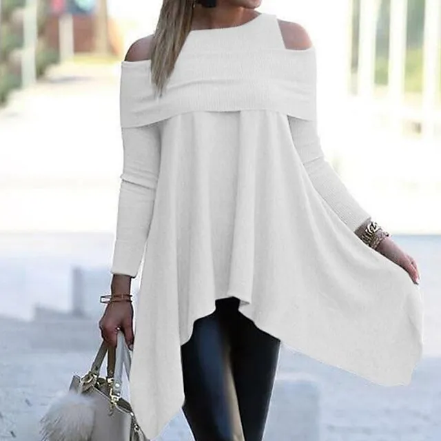 Women's Sweater Dress Mini Dress Black White Blue Long Sleeve Pure Color Cold Shoulder Summer Spring Boat Neck Modern Winter Dress Office Vacation 2023 S M L XL XXL 3XL