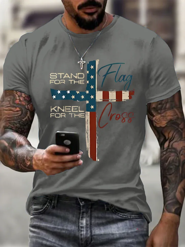 Man'S Stand For The Flag Kneel For The Cross Print Round-Neck Short-Sleeved T-Shirt
