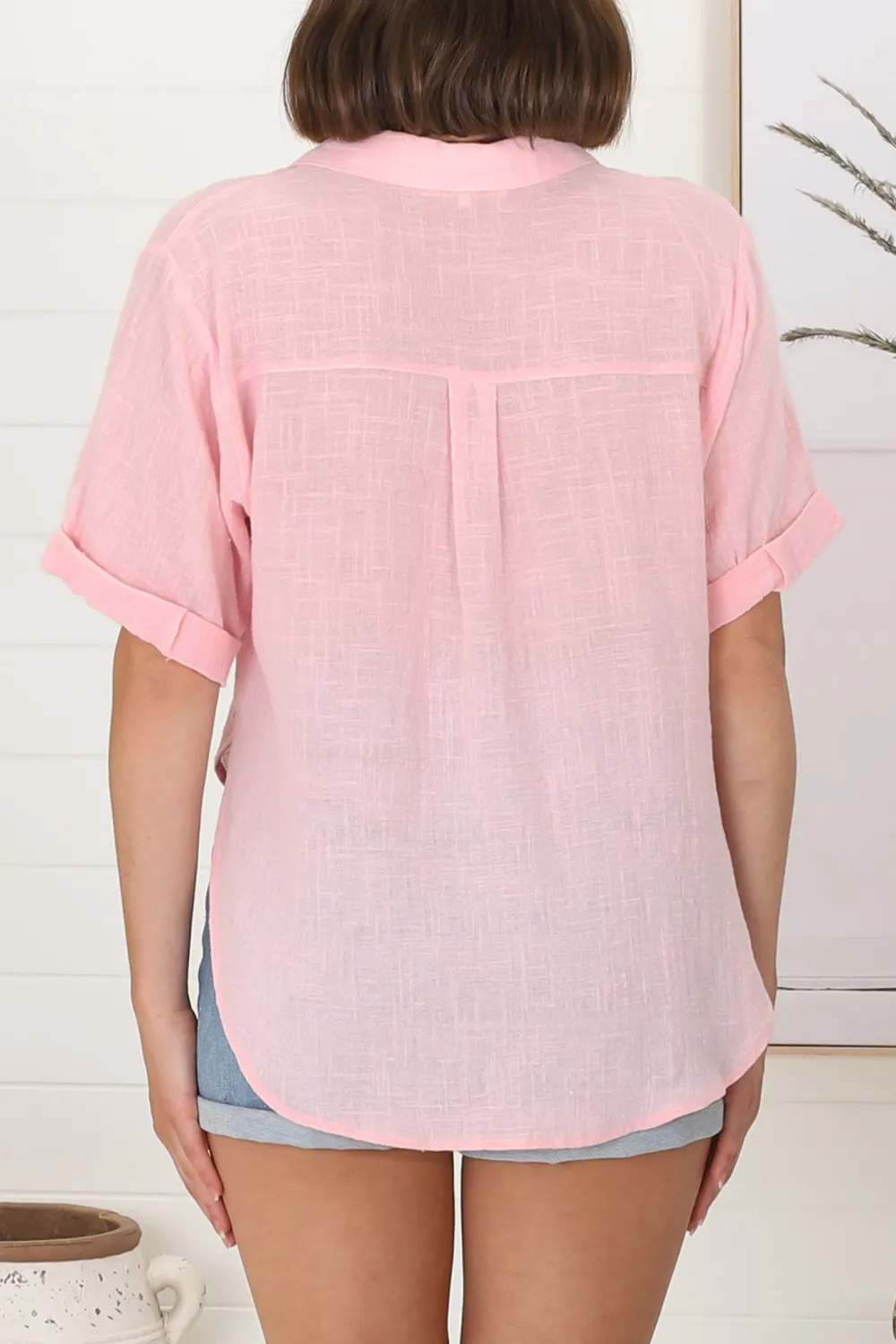 Pink Linen Short Sleeve Button Down Shirt