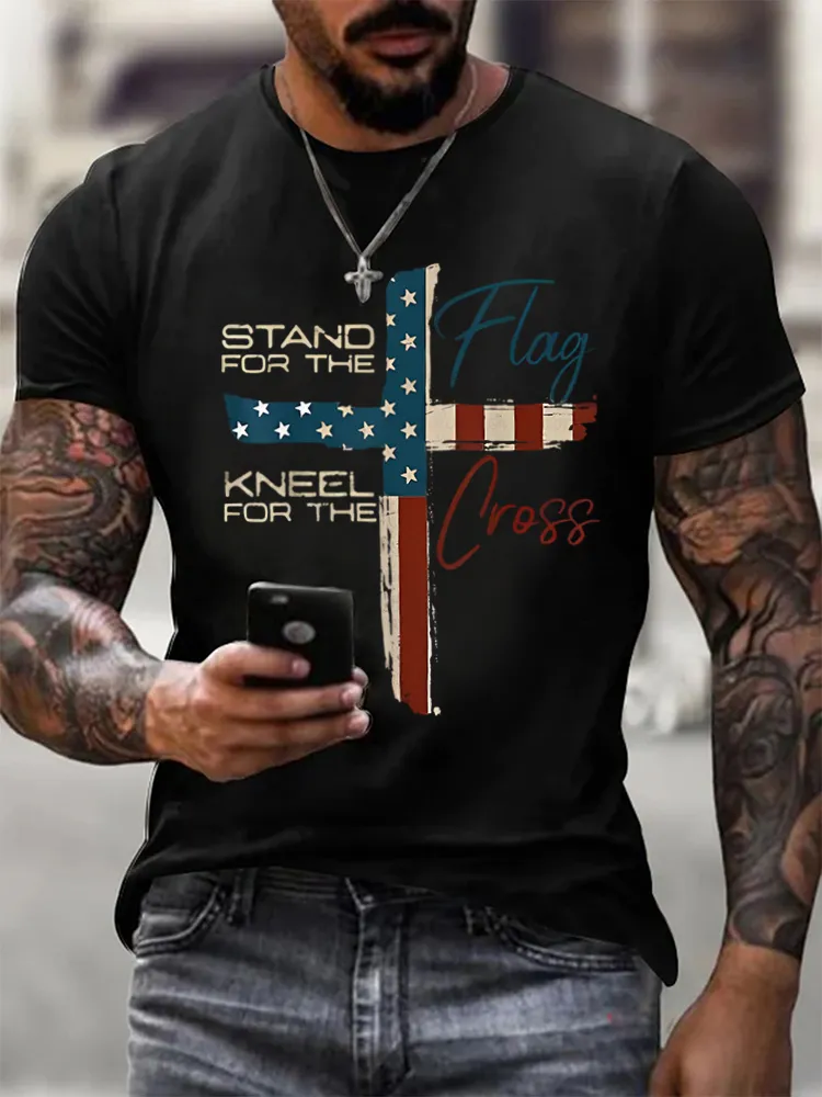 Man'S Stand For The Flag Kneel For The Cross Print Round-Neck Short-Sleeved T-Shirt