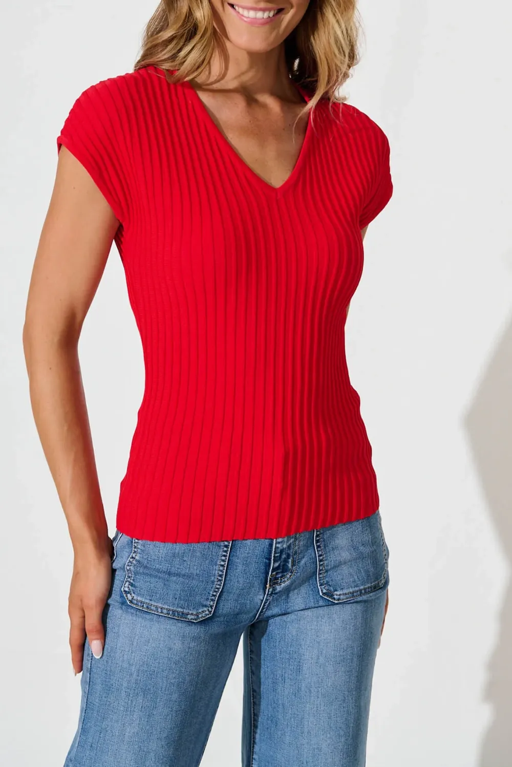 Red Ribbed Short Sleeve V Neck Knit Top