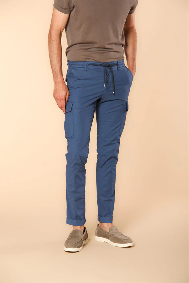 Men's Blue Slim Fit Parachute Fabric Cargo Pants with Large Pockets