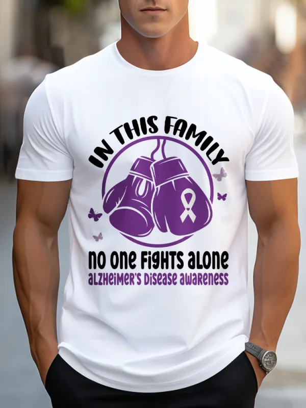 Men'S Round-Neck Short-Sleeved T-Shirt In This Family No One Fights Alone Alzheimer'S Disease Awareness Prints