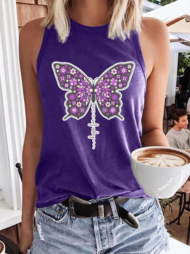 Women'S Round-Neck Sleeveless Vest With Butterfly Print Hope For A Cure