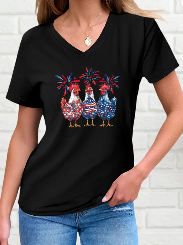 Woman'S Independence Day Fireworks Rooster T-Shirt With V-Neck And Short Sleeves