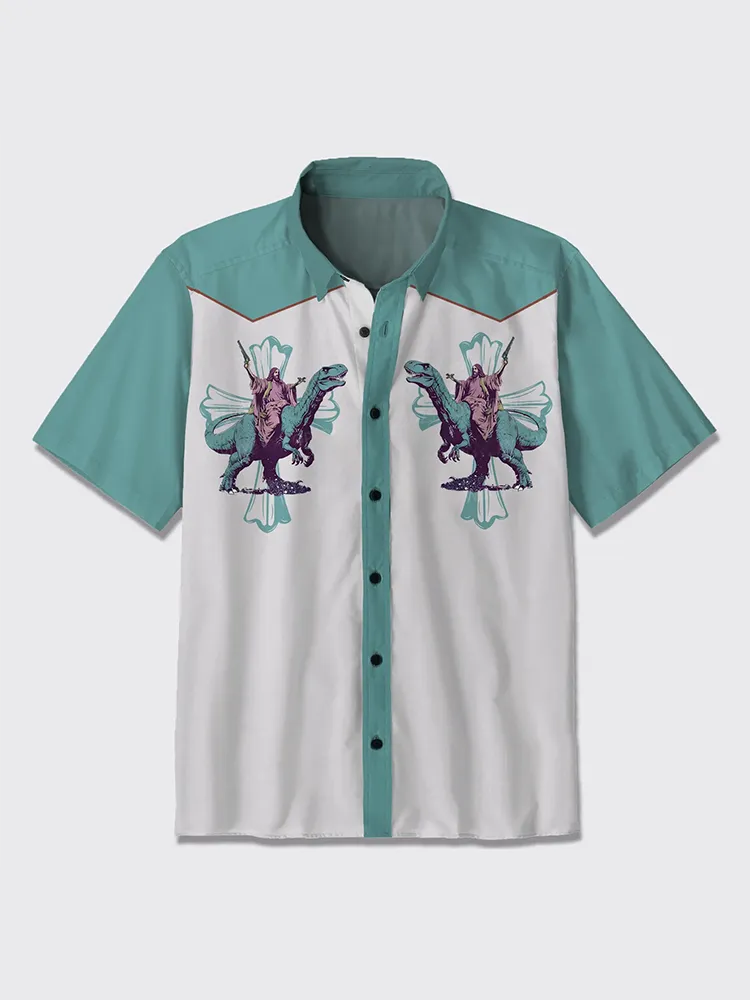 Jesus Riding A Dinosaur Button Up Shirt