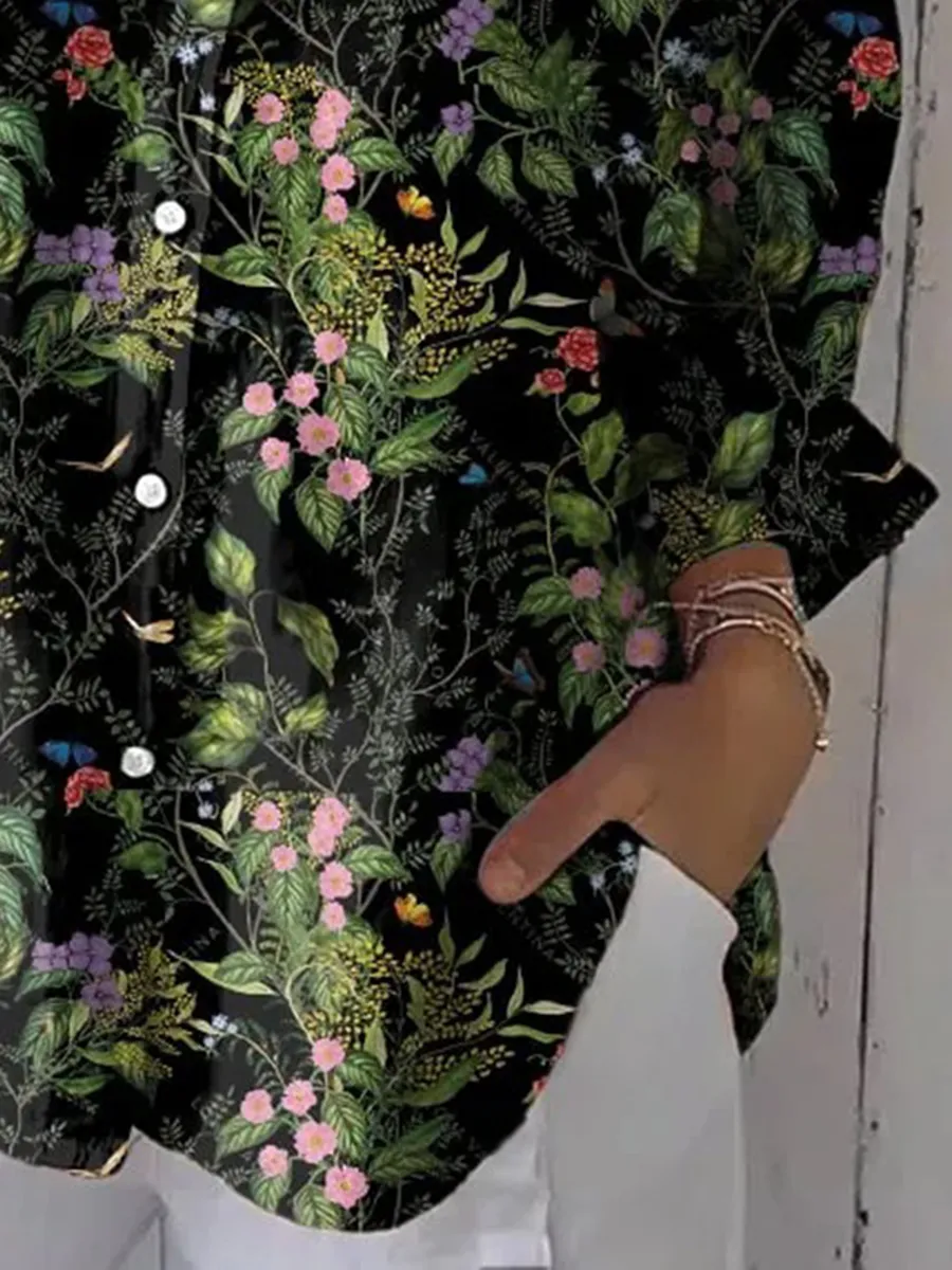 Women's Casual Forest Floral Cotton And Linen Shirt