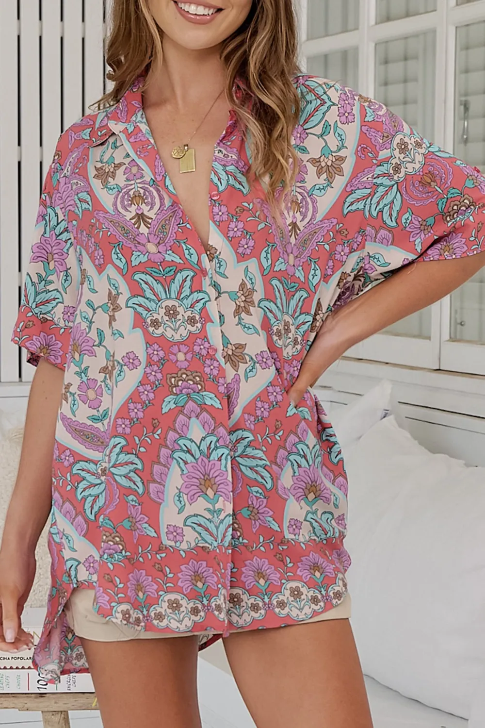 Pink Floral Printed Loose Fit Shirt