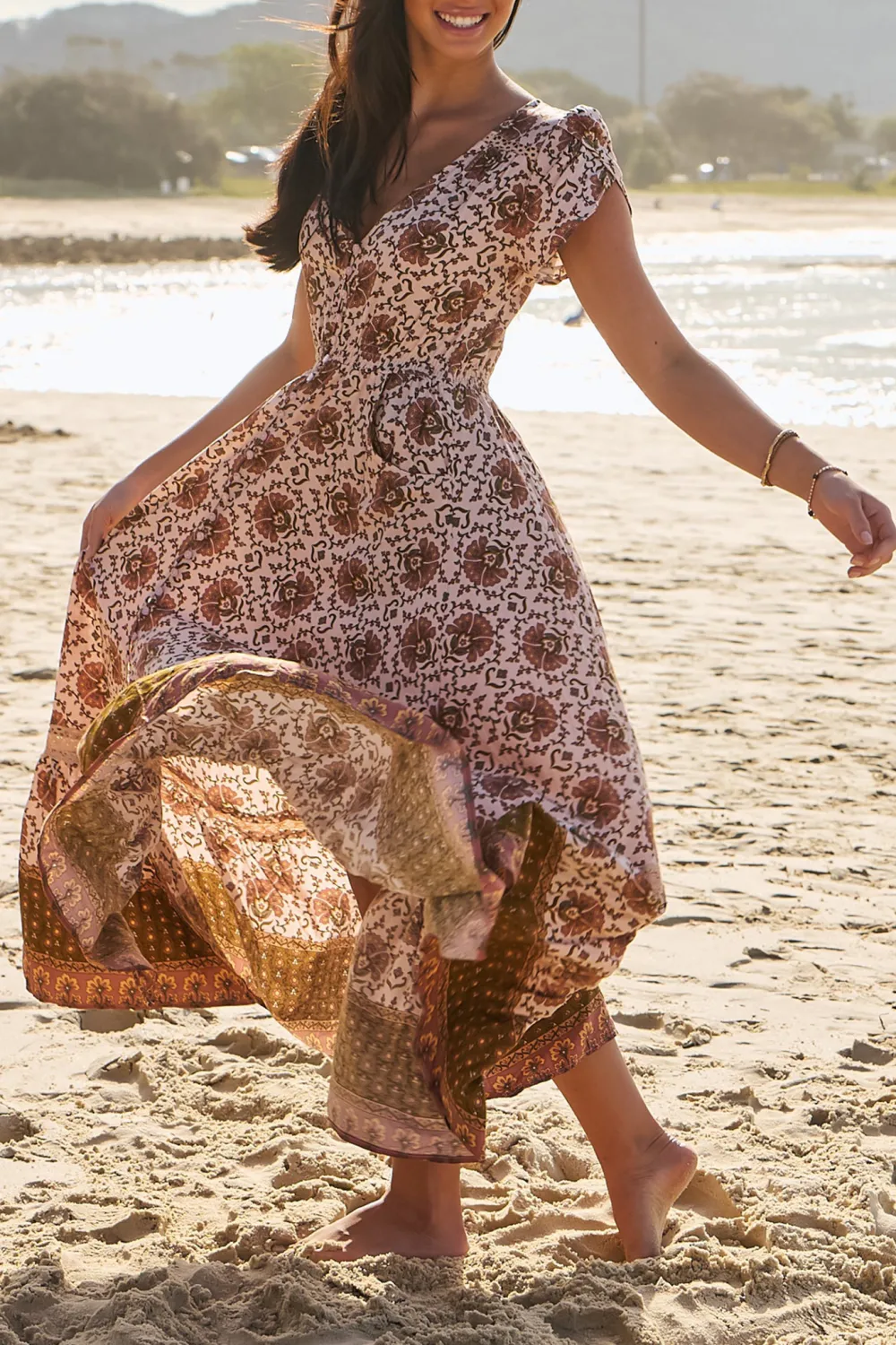 Brown Floral Print V Neck Maxi Dress
