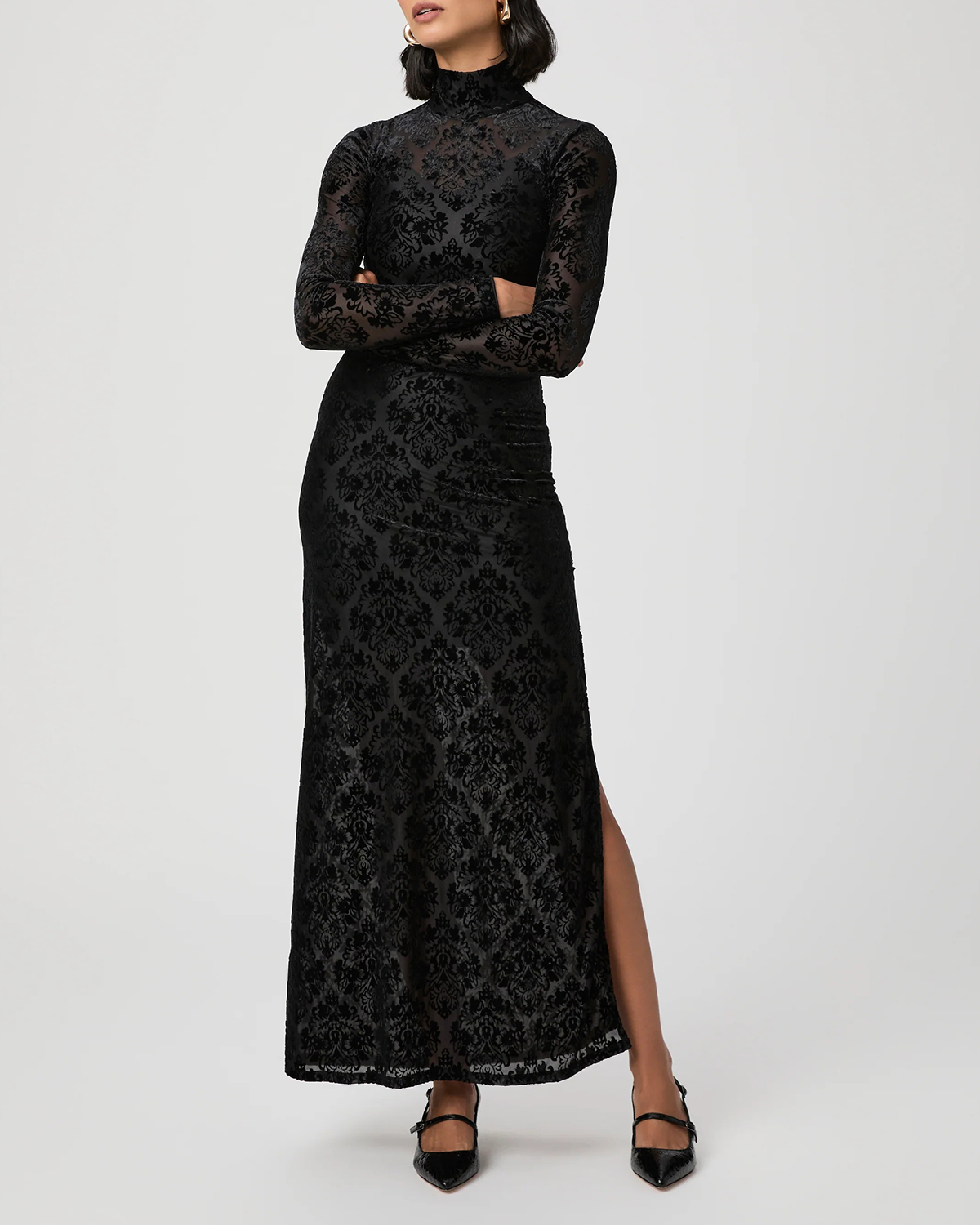 Black Lace Patterned Long Sleeve Maxi Dress