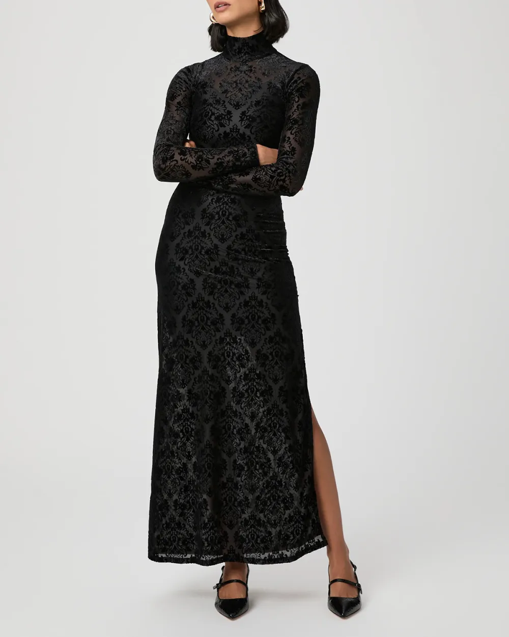 Black Lace Patterned Long Sleeve Maxi Dress