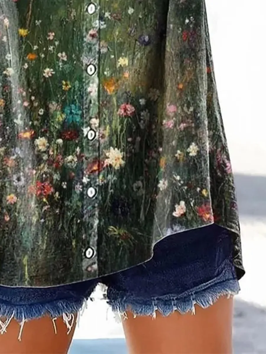 Women's Retro Casual Floral Cotton and Linen Shirt