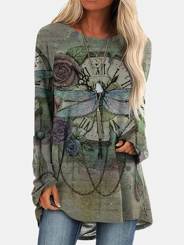 Women's Plus Size T shirt Tee Burgundy Tee Tunic Shirts Marron Yellow Light Green Geometric Plaid Print Long Sleeve Casual Vintage Tunic Ethnic Round Neck Regular Fit Bohemian Theme Geometric Fall