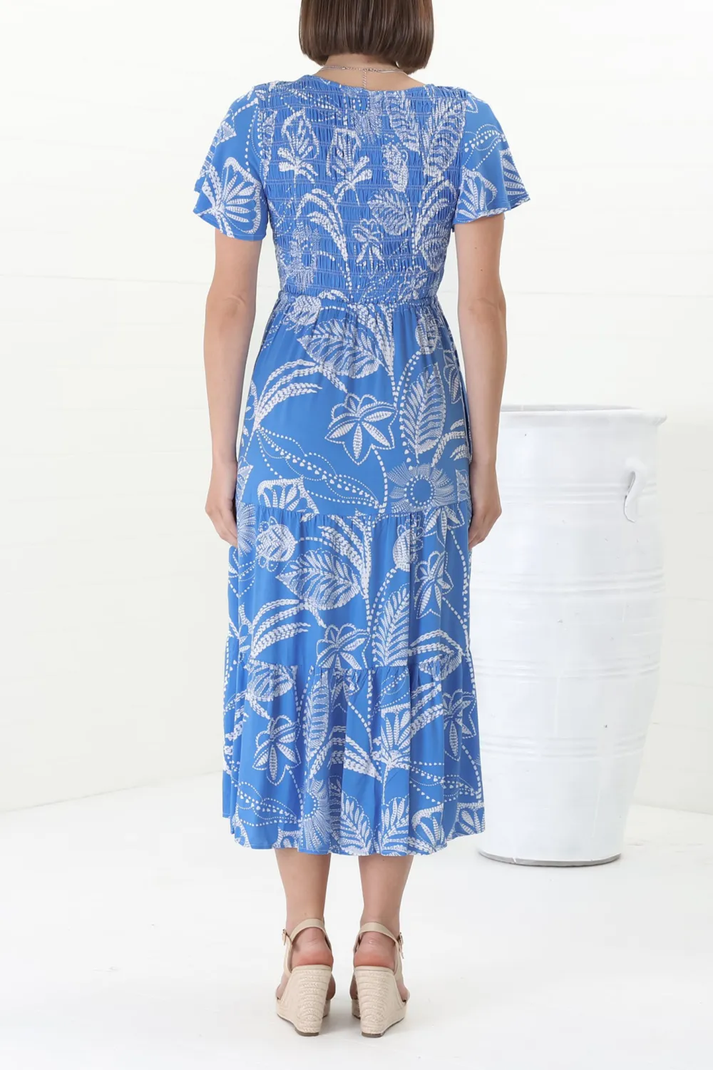 Blue Floral Print Flutter Sleeve Midi Dress