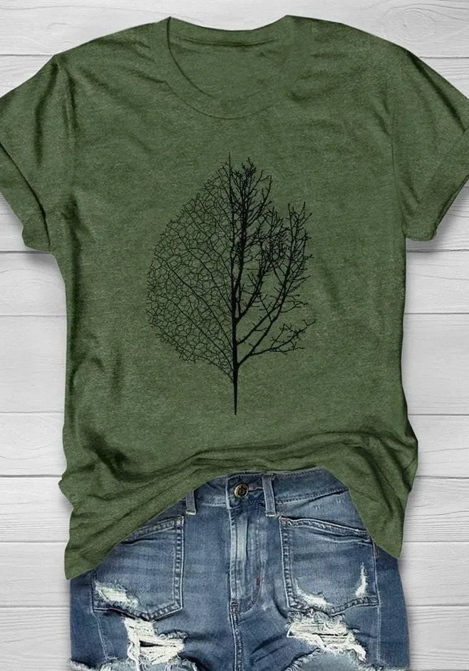 Women's Casual Leaves and Trees Forest Print Short Sleeve T-Shirt