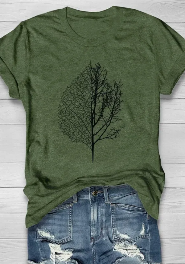 Women's Casual Leaves and Trees Forest Print Short Sleeve T-Shirt
