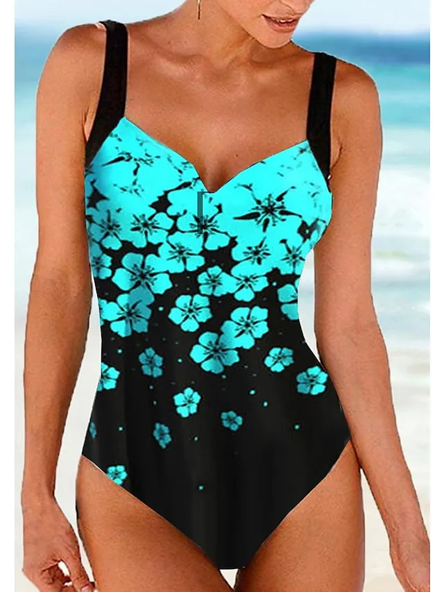 Women's Swimwear One Piece Monokini Bathing Suits Normal Swimsuit Floral Floral Print Navy Blue Blue Fuchsia Green Padded Strap Bathing Suits Sports Vacation Beach Wear