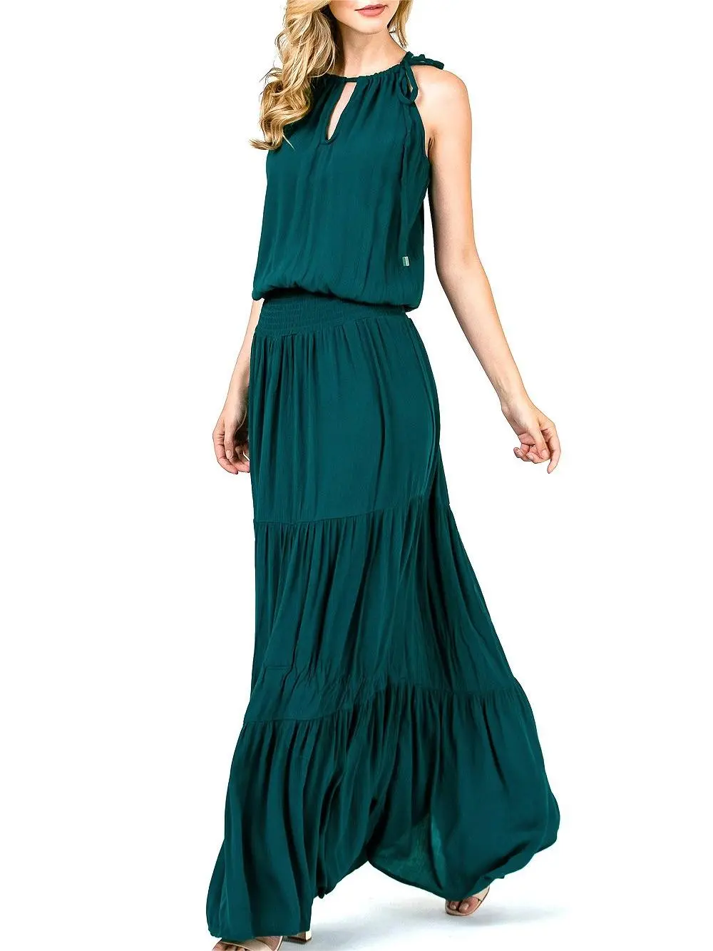 Teal Halter - Neck Tiered Maxi Dress