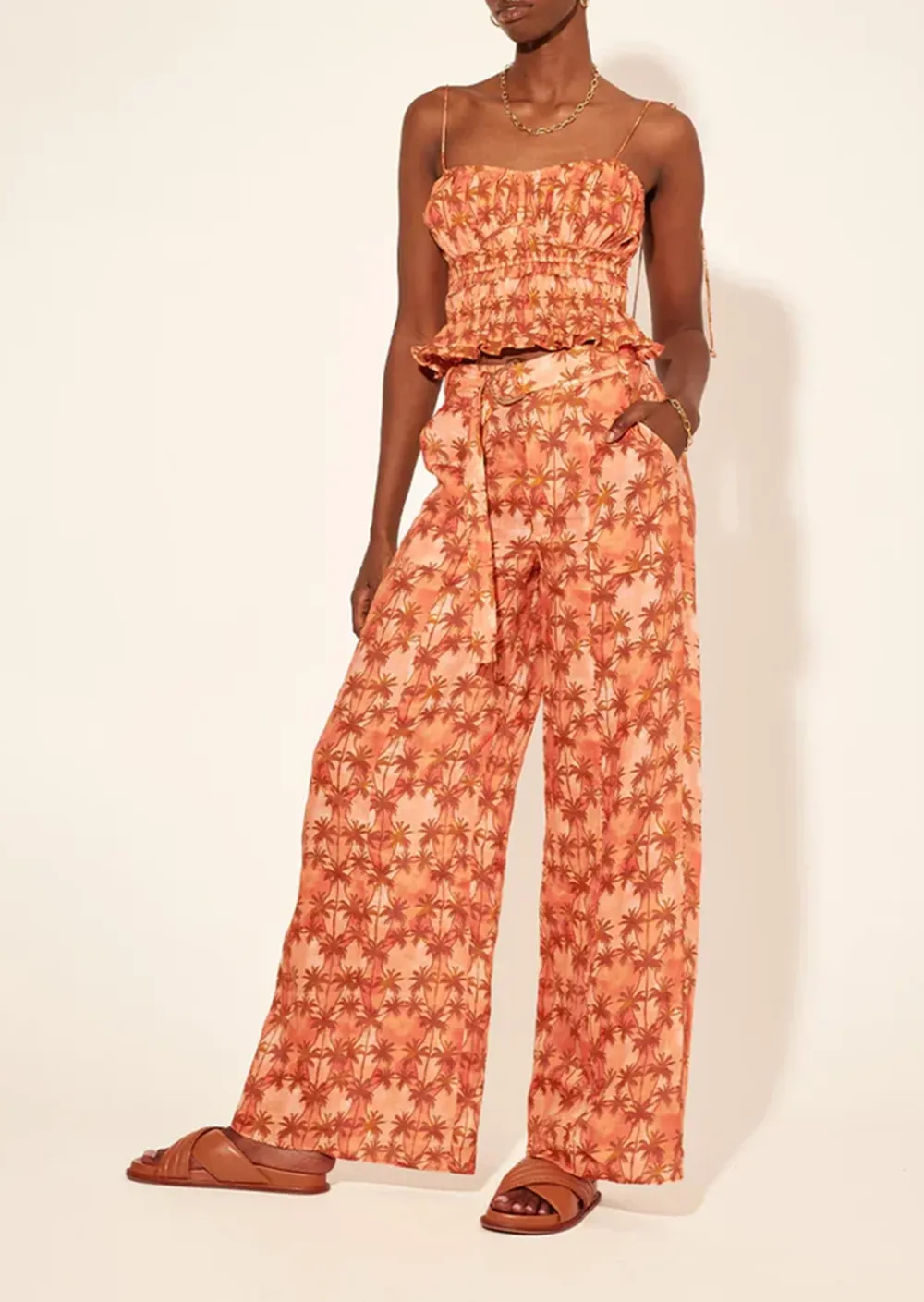 Orange Floral Strapless Wide Leg Pants