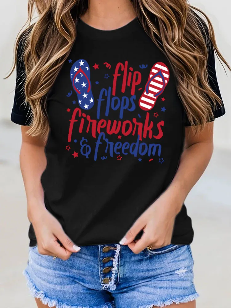 Flip Flops Fireworks Freedom Print Round-Neck Short-Sleeved T-Shirt